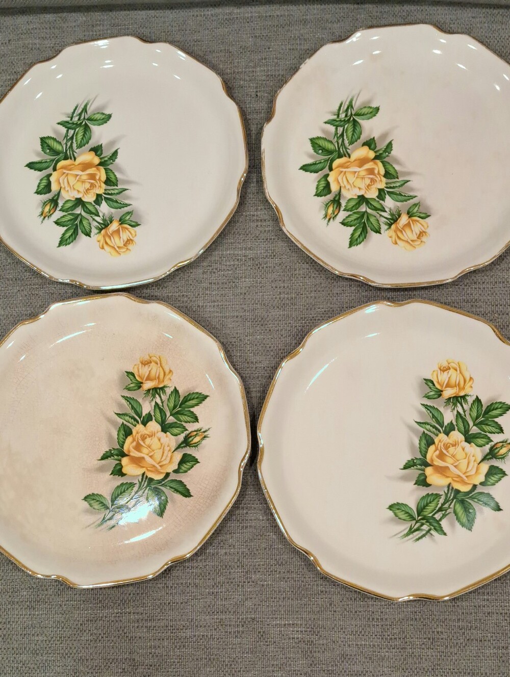 Vintage Yellow Rose Plates With 22k Gold Trim - Set Of 4 - Georgian China